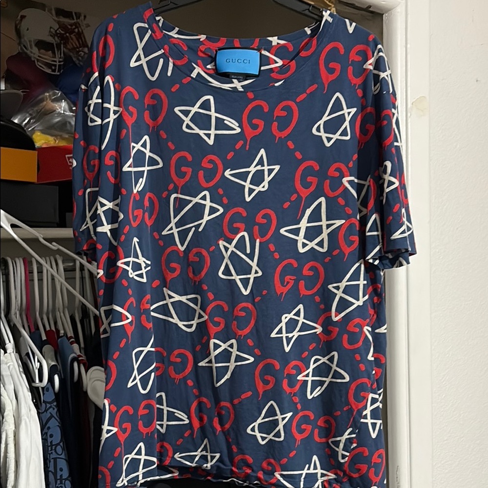 Gucci Monogram Navy Tee with Red and White Patterns